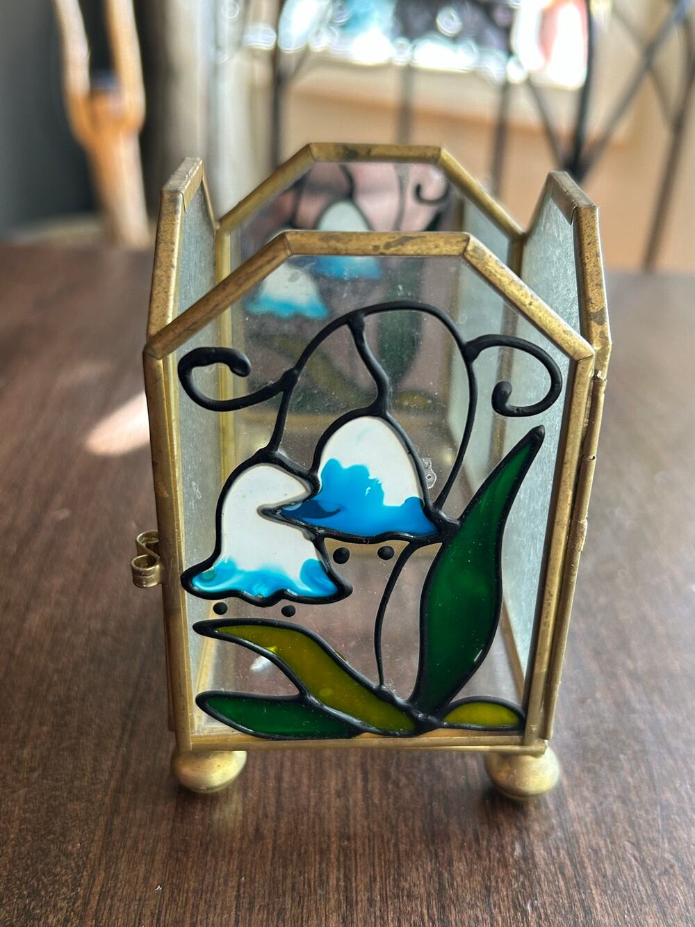 Vintage flash painted floral Glass Candle Holder brass frame